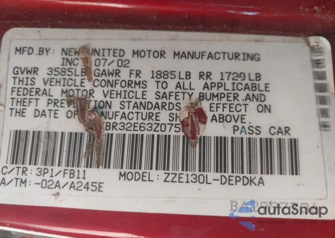 2003 Toyota Corolla Ce z USA, uszkodzony, nr VIN 1NXBR32E63Z075948